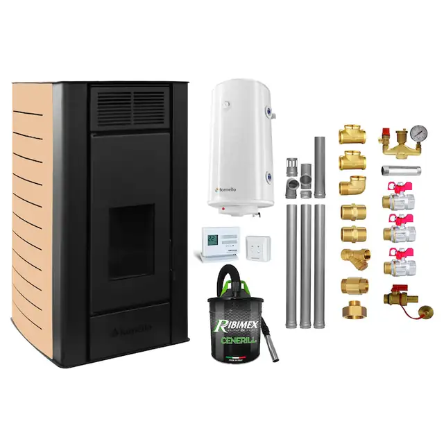 Pachet Termosemineu peleti Fornello SERENA W25, 25 kw, culoare Ivory, complet echipat, pompa circulatie, vas expansiune, automatizare, kit evacuare 3.5 ml, Boiler Termoelectric Fornello 100 l, Termostat Radio Comanda Computherm Q3 RF, Aspirator