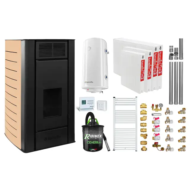 Pachet Termosemineu peleti Fornello SERENA W25, 25 kw, culoare Ivory, complet echipat, pompa circulatie, vas expansiune, automatizare, kit evacuare 3.5 ml, Boiler Termoelectric Fornello 100 l, Termostat, Aspirator, Calorifere