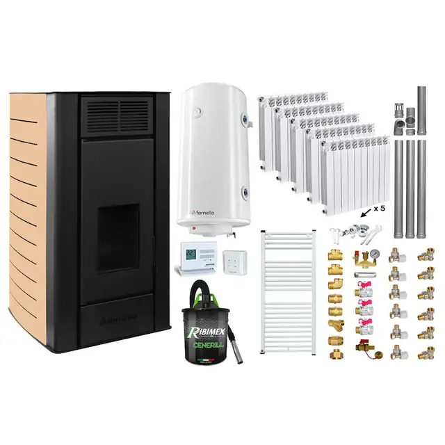 Pachet Termosemineu peleti Fornello SERENA W25, 25 kw, culoare Ivory, complet echipat, calorifere aluminiu Fornello Alvo, pompa, vas expansiune, automatizare, kit evacuare 3.5 ml, Boiler Termoelectric Fornello 100 l, Termostat, Aspirator