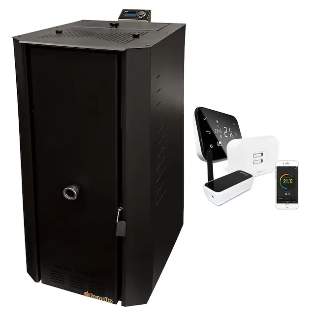 Set centrală termică pe peleți Fornello Rossi B Black 25 kW, pompă de circulație, termostat Salus IT500