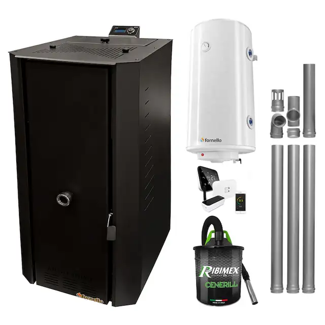 Pachet centrală termică pe peleți Fornello Rossi B Black 25 kW, boiler termoelectric 100 l, termostat Salus IT500, aspirator cenusa 1000 W