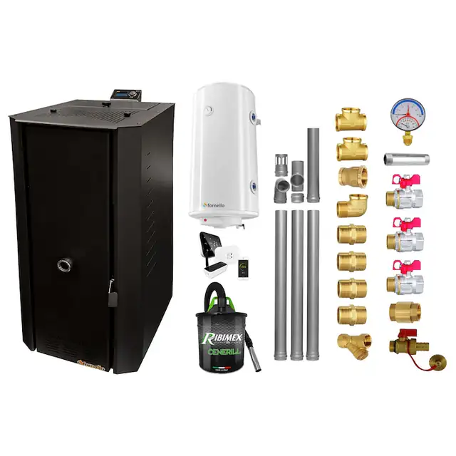 Pachet sistem de încălzire Fornello, centrală termică pe peleți 25 kW, boiler termoelectric 100 l, termostat Salus IT500, negru, set complet