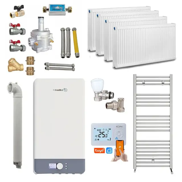 Pachet centrală termică pe gaz Fondital Antea Next KC 26 kW, 3 calorifere, termostat inteligent, kit evacuare, montaj complet