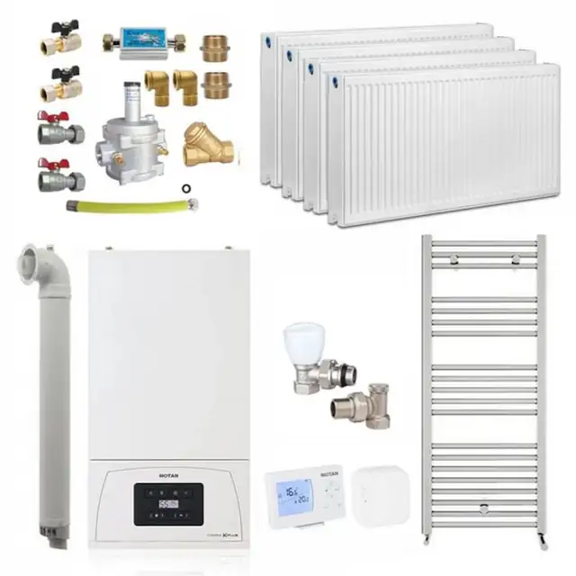 Centrala termică pe gaz în condensare Motan Condens KPlus C38GC20V1, 20 kW, set complet cu calorifere, termostat wireless, kit evacuare, 750x400x305mm