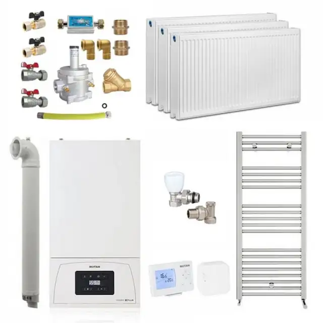 Pachet apartament cu 2 camere, centrala termica pe gaz in condensare Motan Condens KPlus C38GC20V1, 20 kW, Calorifere, Termostat Wireless, Set robineti tur/retur, Kit evacuare inclus si Kit complet armaturi montaj