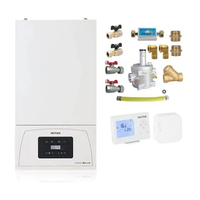 Centrala termică pe gaz în condensare Motan Condens KPlus C38GC20V1, 20 kW, încălzire și ACM, set cu termostat wireless SENNA 270 RF și kit armături montaj, dimensiuni 750x400x305mm