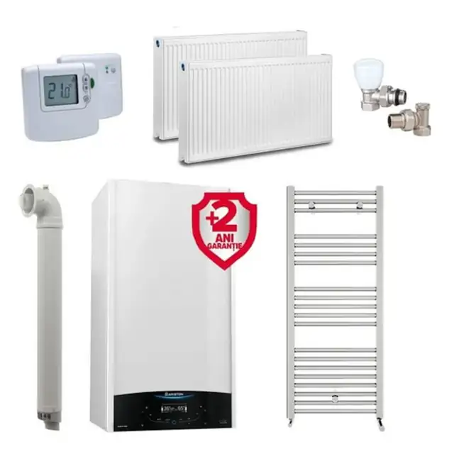 Pachet apartament cu 1 camera, centrala Ariston Genus One+ 24 kW, Clasa A, Schimbator de caldura XtraTech, Ecran LCD tactil, Autodiagnoza, Kit de evacuare inclus + Termostat ambient fara fir Honeywell DT92A + 2 ani extragarantie, Calorifere, Set robineti