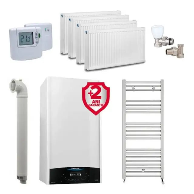 Centrala termică Ariston Genus One+ 30 kW, Clasa A, Ecran LCD, Set pentru apartament cu 3 camere, Termostat Honeywell DT92A, 2 ani extragarantie