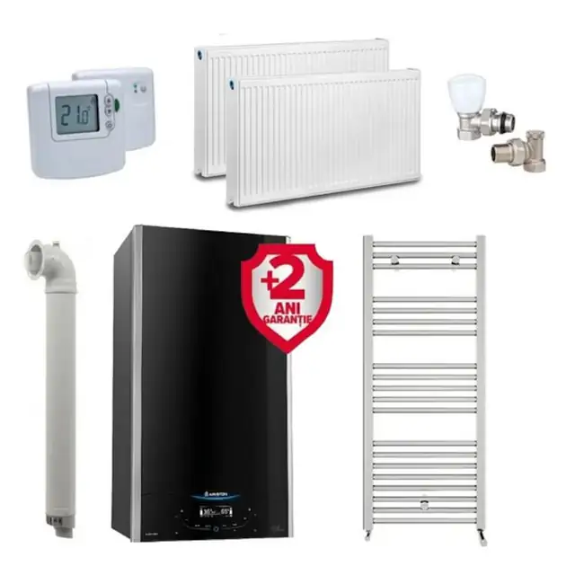 Pachet apartament cu 1 camera, centrala Ariston ALTEAS ONE+ NET, 24 kW, Wi-fi, Clasa A+, Kit de evacuare inclus + Termostat ambient fara fir Honeywell DT92A + 2 ani extragarantie, Calorifere, Set robineti tur/retur