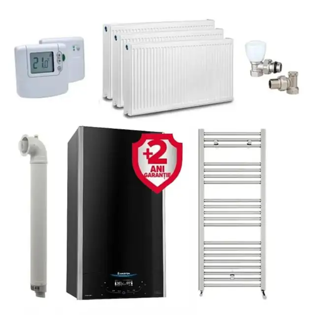 Pachet apartament cu 2 camere, centrala Ariston ALTEAS ONE+ NET, 24 kW, Wi-fi, Clasa A+, Kit de evacuare inclus + Termostat ambient fara fir Honeywell DT92A + 2 ani extragarantie, Calorifere, Set robineti tur/retur