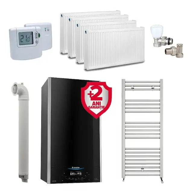 Kit incalzire apartament cu 3 camere, centrala Ariston ALTEAS ONE+ NET, 24 kW, Wi-fi, Clasa A+, Kit de evacuare inclus + Termostat ambient fara fir Honeywell DT92A + 2 ani extragarantie, Calorifere, Set robineti tur/retur