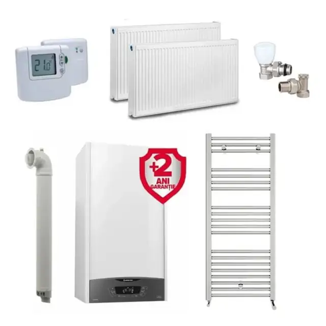 Pachet apartament cu 1 camera, centrala Ariston Clas One 35 kW, Wi-Fi, incalzire si ACM, Kit evacuare inclus + Termostat ambient fara fir Honeywell DT92A + 2 ani extragarantie, Calorifere, Set robineti tur/retur