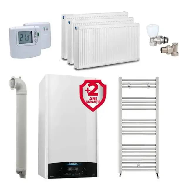 Pachet apartament cu 2 camere, centrala Ariston Genus One+ 24 kW, Clasa A, Schimbator de caldura XtraTech, Ecran LCD tactil, Autodiagnoza, Kit de evacuare inclus + Termostat ambient fara fir Honeywell DT92A + 2 ani extragarantie, Calorifere, Set robineti