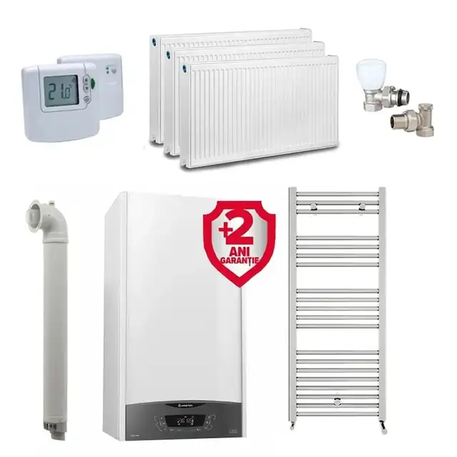 Pachet centrala termica Ariston Clas One Wifi 30 kW, incalzire si ACM, termostat Honeywell DT92A, calorifere si robineti tur/retur, 2 ani extragarantie