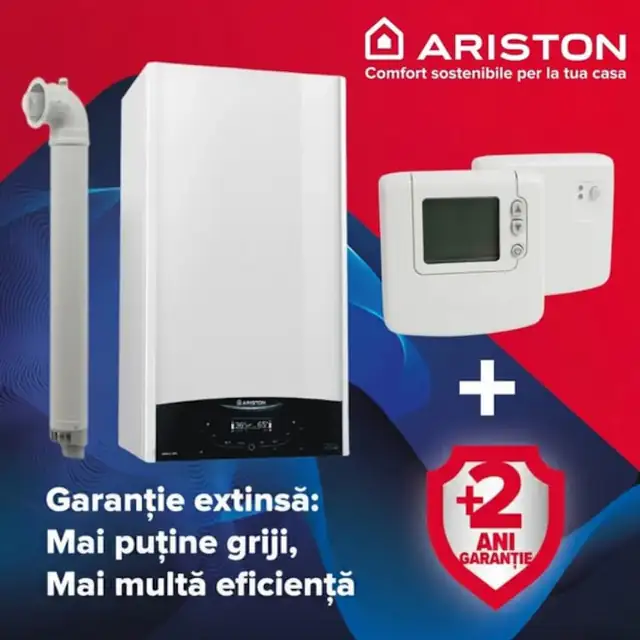 Pachet centrala Ariston Genus One+ 35 kW, incalzire si ACM, Kit de evacuare inclus + Termostat ambient fara fir Honeywell DT92A + 2 ani extragarantie