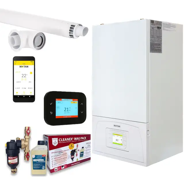 Set Centrala termica Motan Condens plus 200 AI de 35kw cu 7 ani garantie, Inteligenta Artificiala, Termostat SMART si Pachet antimagnetita Cleanex cadou