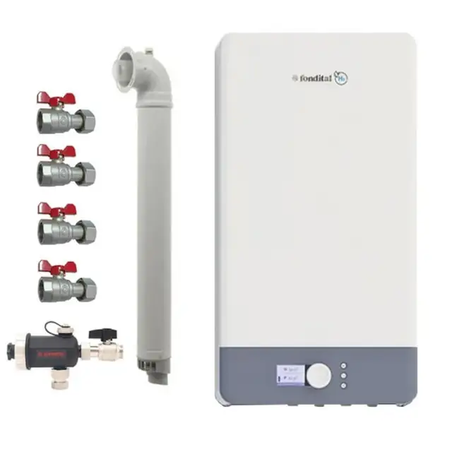 Pachet Centrala termica pe gaz in condensare Fondital Antea Next KC 26 kW, Clasa A, Afisaj color si intuitiv, IPX5D, Incalzire + ACM, Kit de evacuare inclus, Robineti si Filtru antimagnetita