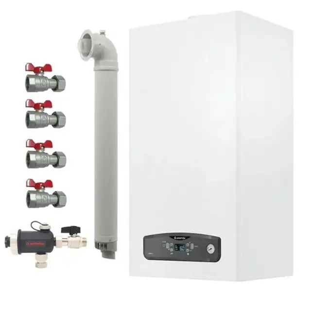 Pachet centrala termica pe gaz/GPL in condensare Ariston Cares S 24 kW, schimbator otel inox, incalzire si ACM, Kit evacuare inclus, Robineti si Filtru antimagnetita