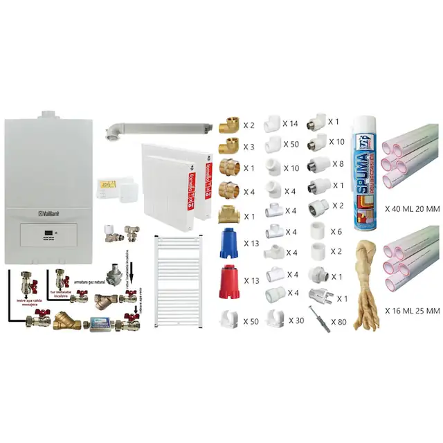 Pachet apartament cu o camera, Centrala termica in condensatie Vaillant ecoTEC Pure VUW 236/7-2, 23 kw, murala, afisaj digital, schimbator caldura inox, kit de evacuare, calorifere otel, termostat, teava PPR si fitinguri montaj