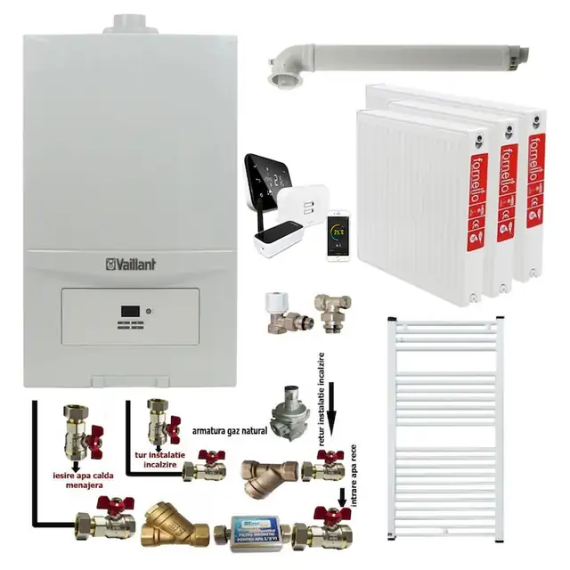 Pachet apartament cu 2 camere, Centrala termica in condensatie Vaillant ecoTEC Pure VUW 236/7-2, 23 kw, murala, afisaj digital, schimbator caldura inox, kit de evacuare, calorifere otel, termostat Salus IT 500 si fitinguri montaj