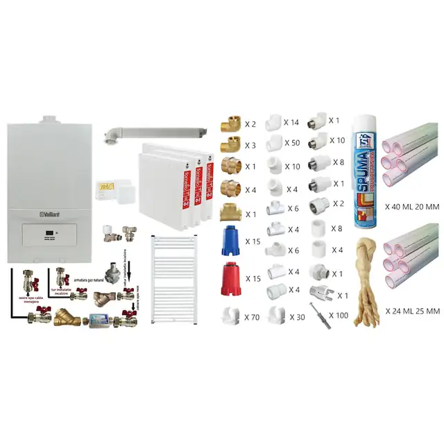 Pachet apartament cu 2 camere, Centrala termica in condensatie Vaillant ecoTEC Pure VUW 236/7-2, 23 kw, murala, afisaj digital, schimbator caldura inox, kit de evacuare, calorifere otel, termostat, teava PPR si fitinguri montaj