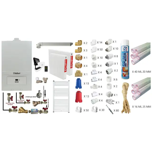 Pachet apartament cu o camera, Centrala termica in condensatie Vaillant ecoTEC Pure VUW 236/7-2, 23 kw, kit de evacuare, calorifere otel, termostat Salus IT 500, teava PPR si fitinguri montaj
