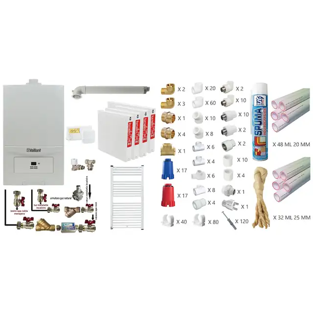 Pachet apartament cu 3 camere, Centrala termica in condensatie Vaillant ecoTEC Pure VUW 236/7-2, 23 kw, murala, afisaj digital, schimbator caldura inox, kit de evacuare, calorifere otel, termostat, teava PPR si fitinguri montaj