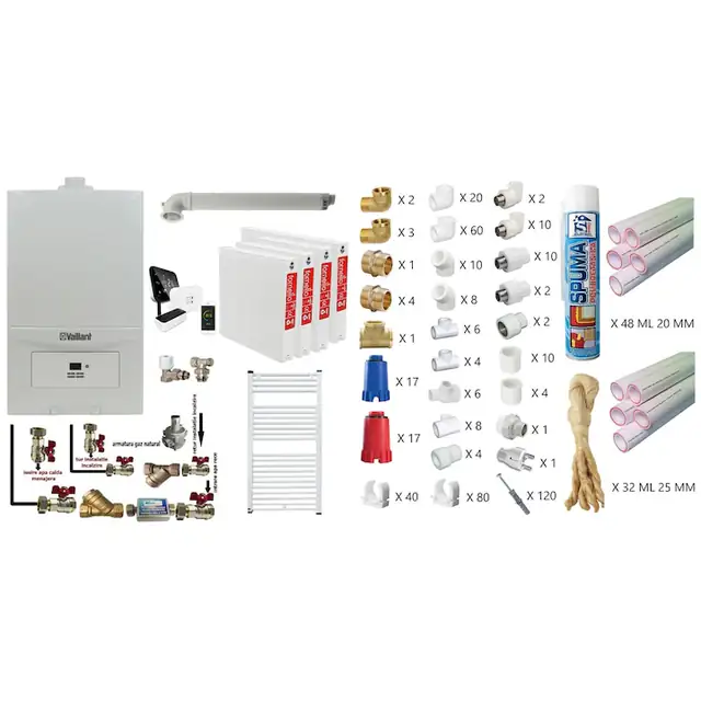 Pachet apartament cu 3 camere, Centrala termica in condensatie Vaillant ecoTEC Pure VUW 236/7-2, 23 kw, kit de evacuare, calorifere otel, termostat Salus IT 500, teava PPR si fitinguri montaj