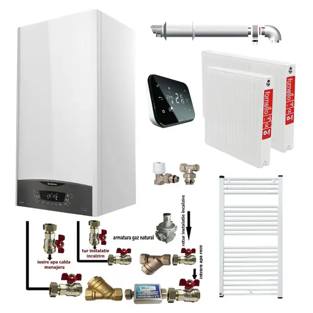 Pachet apartament cu o camera, centrala termica murala in condensare Ariston CLAS ONE+ WI-FI 24, Gaz, 24 kW, termostat Salus IT 500, kit de evacuare inclus, calorifere otel, kit armaturi