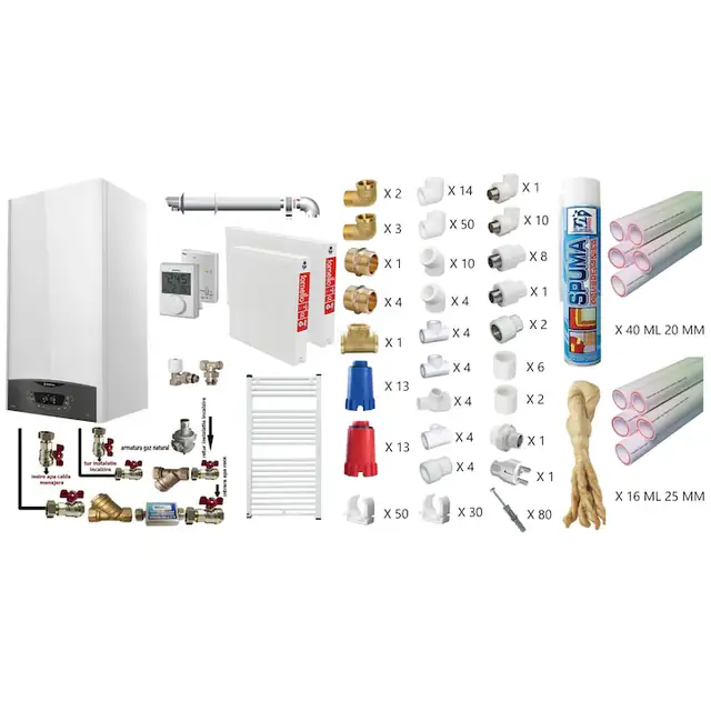 Pachet apartament cu o camera, centrala termica murala in condensare Ariston CLAS ONE+ WI-FI 24, Gaz, 24 kW, termostat, kit de evacuare inclus, calorifere otel, teava PPR si fitinguri, kit armaturi