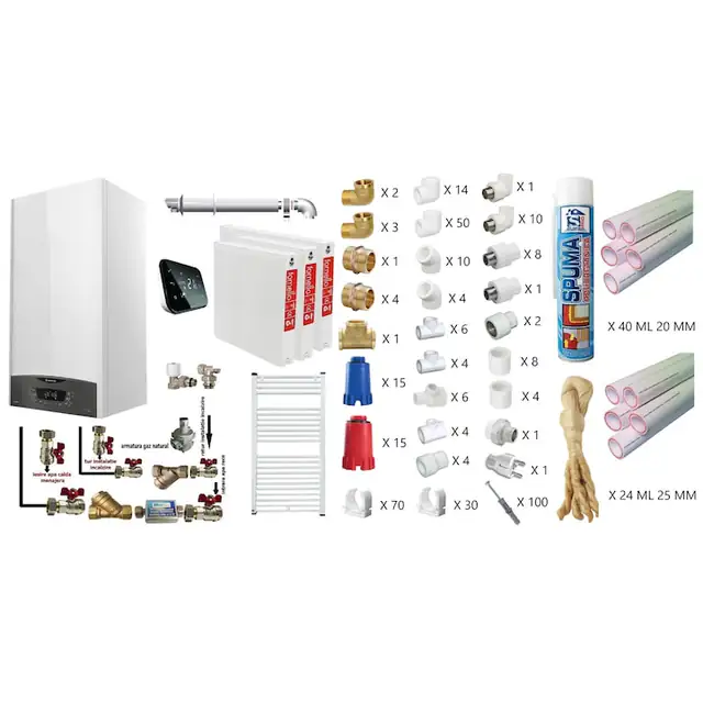 Pachet apartament cu 2 camere, centrala termica murala in condensare Ariston CLAS ONE+ WI-FI 24, Gaz, 24 kW, Termostat Salus IT 500, kit de evacuare inclus, calorifere otel, teava PPR si fitinguri, kit armaturi