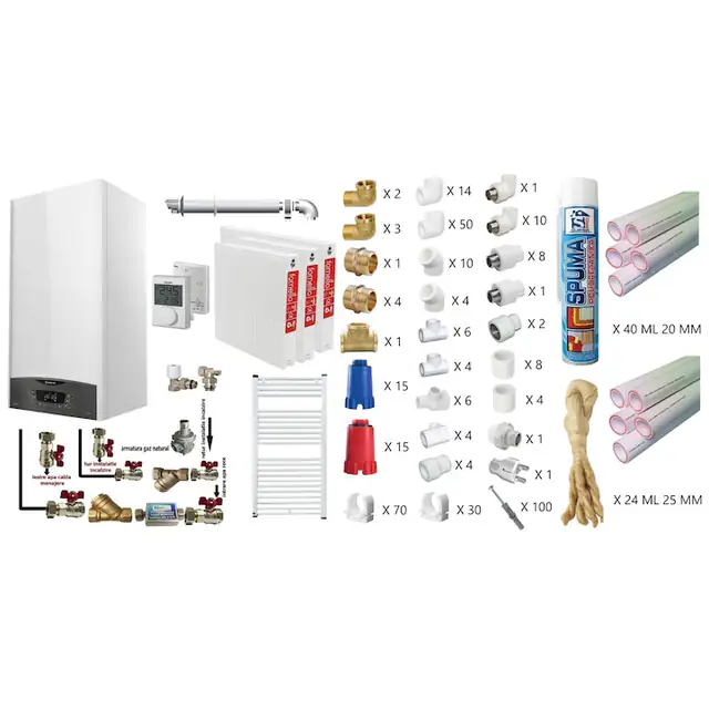 Pachet apartament cu 2 camere, centrala termica murala in condensare Ariston CLAS ONE+ WI-FI 24, Gaz, 24 kW, Termostat, kit de evacuare inclus, calorifere otel, teava PPR si fitinguri, kit armaturi