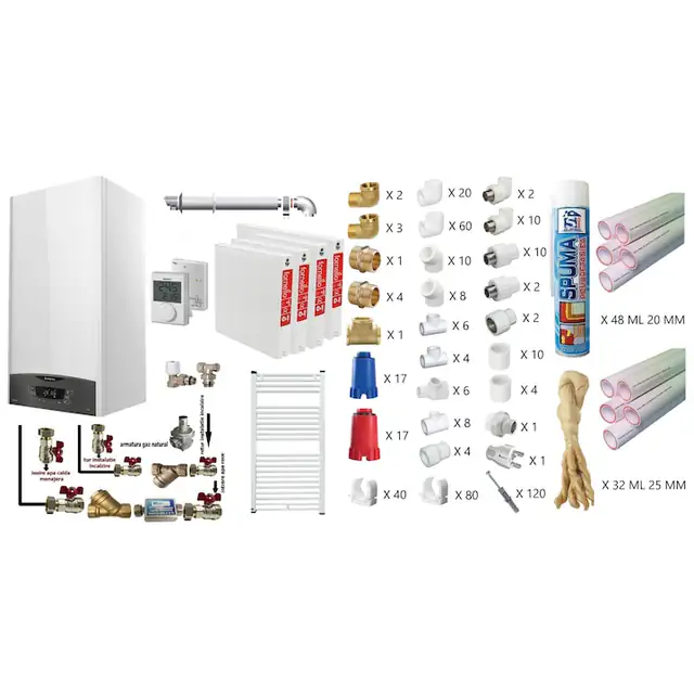 Pachet apartament cu 3 camere, centrala termica murala in condensare Ariston CLAS ONE+ WI-FI 24, Gaz, termostat, 24 kW, Doua schimbatoare de caldura, Display digital, schimbator primar inox, kit de evacuare inclus, calorifere otel, teava PPR si fitin