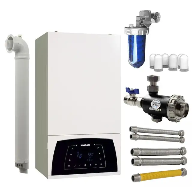 Pachet centrala termica pe gaz in condensare 25 kW, Motan Condens Plus 100 25, Kit de evacuare inclus + 7 ani Garantie + Filtru anticalcar + Filtru antimagnetita + Racorduri apa/gaz