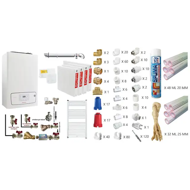 Pachet apartament cu 3 camere, centrala termica murala in condensare Immergas Victrix TERA 24/28 V2, Gaz, termostat, kit de evacuare inclus, calorifere otel, teava PPR si fitinguri, kit armaturi