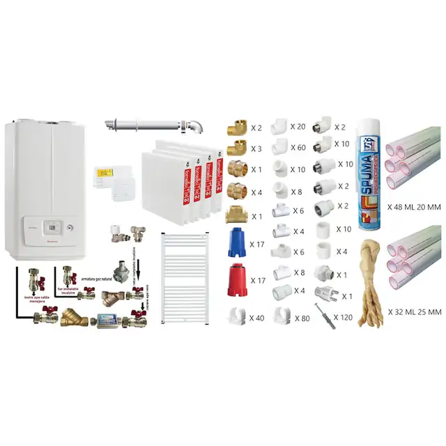 Pachet apartament cu 3 camere, Immergas Victrix Omnia V2 26, condensatie, 20 kW incalzire, 26 kW preparare apa calda, kit de evacuare inclus, calorifere otel, teava PPR si fitinguri, kit armaturi