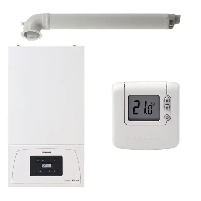 Pachet centrala pe gaz MOTAN Condens KPlus 22.5 kW, in condensare, Clasa A, C38GC20V1, termostat Honeywell wireless DT92 si kit de evacuare RTM inclus
