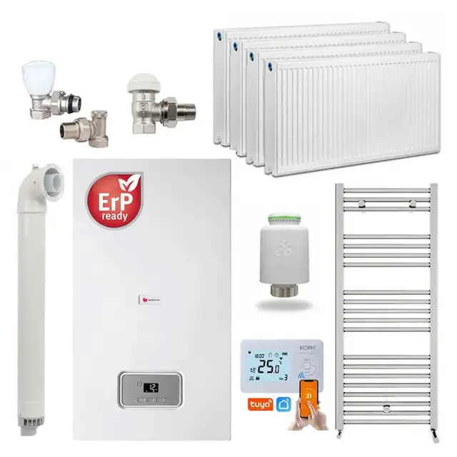 Pachet Economie si Eficienta - Centrala termica pe gaz in condensare Saunier Duval Semia 25-A, 19, 1 kW, Kit evacuare inclus, calorifere, robineti tur/retur, cap termostatic Wi-Fi si termostat inteligent KOPH I302