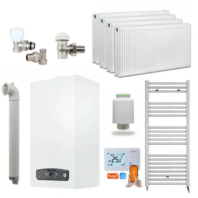 Pachet Economie si Eficienta - Centrala termica pe gaz/GPL in condensare Ariston Cares S 24 kW, schimbator otel inox, incalzire si ACM, Kit evacuare inclus, calorifere, robineti tur/retur, cap termostatic Wi-Fi si termostat inteligent KOPH I302