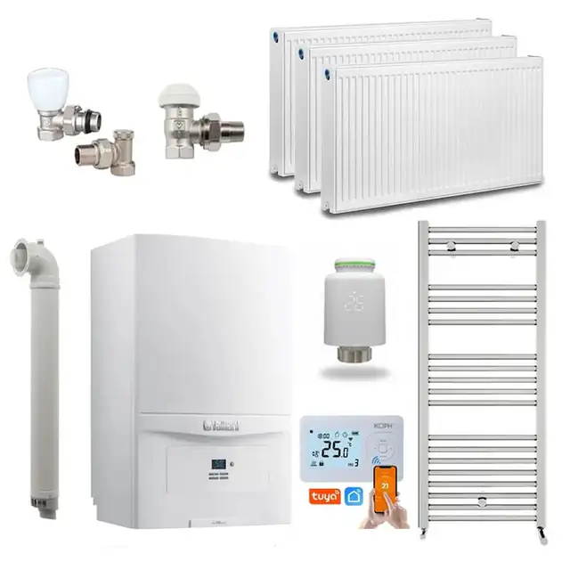 Pachet Economie si Eficienta - Centrala termica pe gaz/GPL in condensare Vaillant ecoTEC pure VUW 236/7-2, 20.2 kW, incalzire si ACM, Kit de evacuare inclus, calorifere, robineti tur/retur, cap termostatic Wi-Fi si termostat inteligent KOPH I302