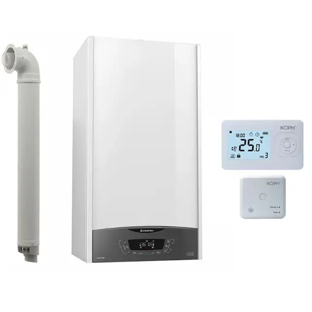 Set Centrala termica Ariston Clas One WIFI 24 kW, incalzire si ACM, Kit evacuare inclus, Termostat inteligent KOPH i302, WIFI, Control prin internet, Tuya Smart/Smart Life