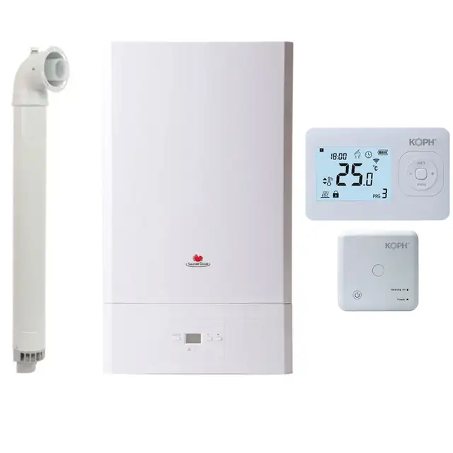 Set Centrala termica pe gaz in condensare Saunier Duval Semiatek Condens 22.4 kW, incalzire si ACM, schimbator de caldura din otel inoxidabil, Kit evacuare inclus + Termostat inteligent KOPH i302, WiFi, Control prin internet, Tuya Smart