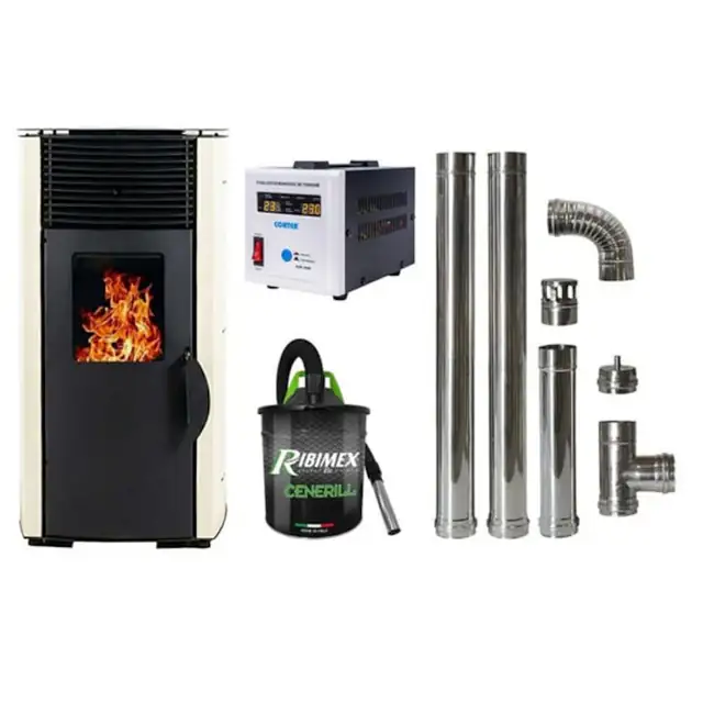 Pachet economic - Soba pe peleti KOPH PD 8 kW, cu aer cald, buncar peleti 8 kg, 50 mp, Crem + Stabilizator tensiune + Aspirator cenusa 1000W + Cos fum inox de interior ⌀80 mm