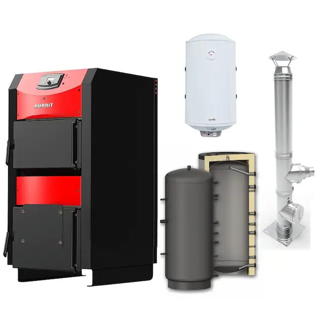 Centrala pe lemn / combustibil solid ​Sunsystem Burnit NWB PRIME 50 kW echipat cu, Puffer P 1000l, Cos inox 6 ml 200 mm, Boiler Termoelectric 100l