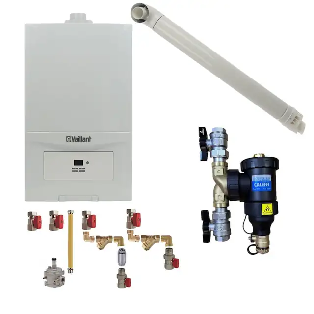 Pachet centrala termica Vaillant VUW 236/7-2 ecoTEC Pure 23 kW, kit evacuare, filtru antimagnetita Caleffi Dirtmag 3/4" si kit montaj complet RTM incluse