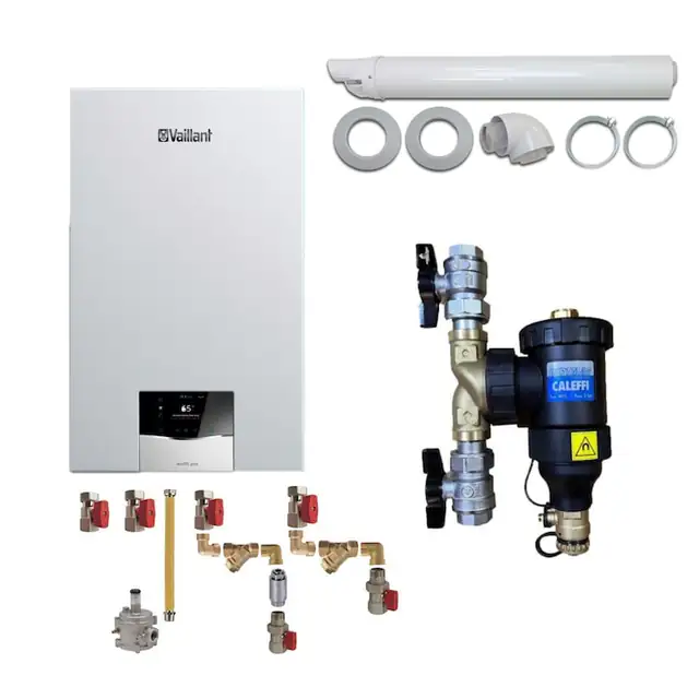 Pachet centrala termica Vaillant VUW 26CS/1-5 ecoTEC Plus 21 kW, kit evacuare, filtru antimagnetita Caleffi Dirtmag 3/4" si kit montaj complet RTM incluse