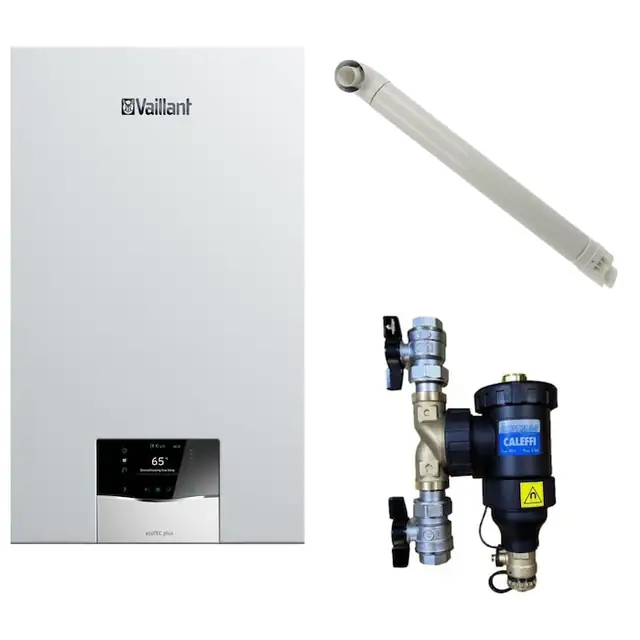 Pachet centrala termica Vaillant VUW 40CS/1-5 ecoTEC Plus 37.7 kW, kit evacuare si filtru antimagnetita Caleffi Dirtmag 3/4" incluse