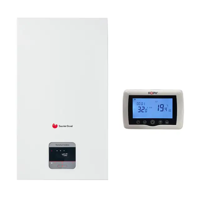 Pachet centrala termica in condensare Saunier Duval, ThemaFast Condens 35 kW, debit 16.6 l/min, 230 V, protectie IPX4D, Termostat inteligent KOPH CT99 fara fir, cu WiFi, alb