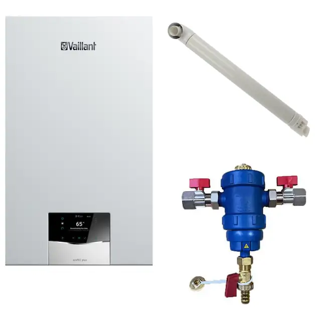 Pachet centrala termica Vaillant VUW 26CS/1-5 ecoTEC Plus 21 kW, kit evacuare si filtru antimagnetita RTM incluse