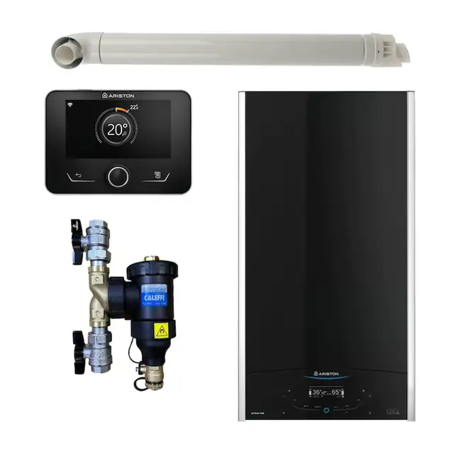 Pachet centrala termica in condensare Ariston ALTEAS ONE+ NET 30,30 kW, gaz natural + GPL, Wi-Fi, senzor camera Sensys HD, kit evacuare si filtru antimagnetita Caleffi Dirtmag 3/4" incluse